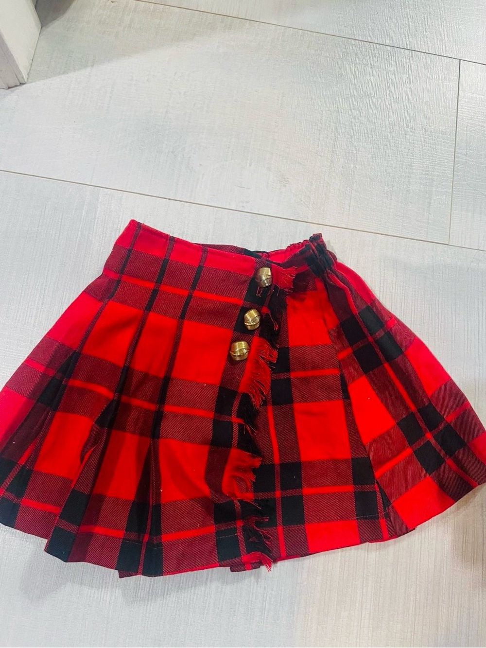 Red and Black Plaid Pleated Skirt with Decorative Buttons-NEW Impoeted